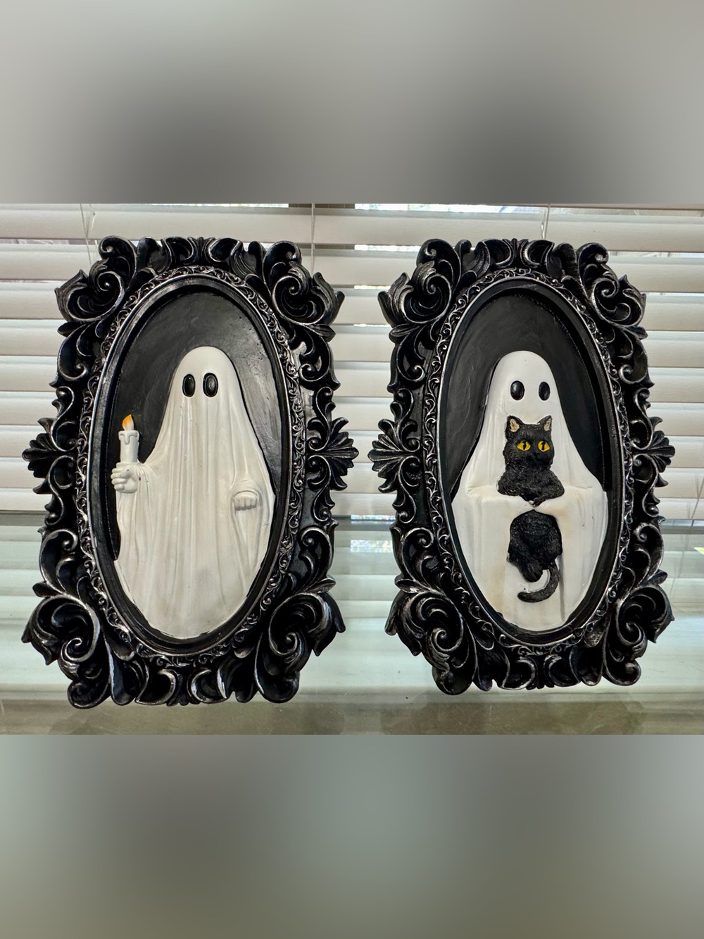 Gothic Ghost Holding Candle Cat 3D Oval Frame Set NWT